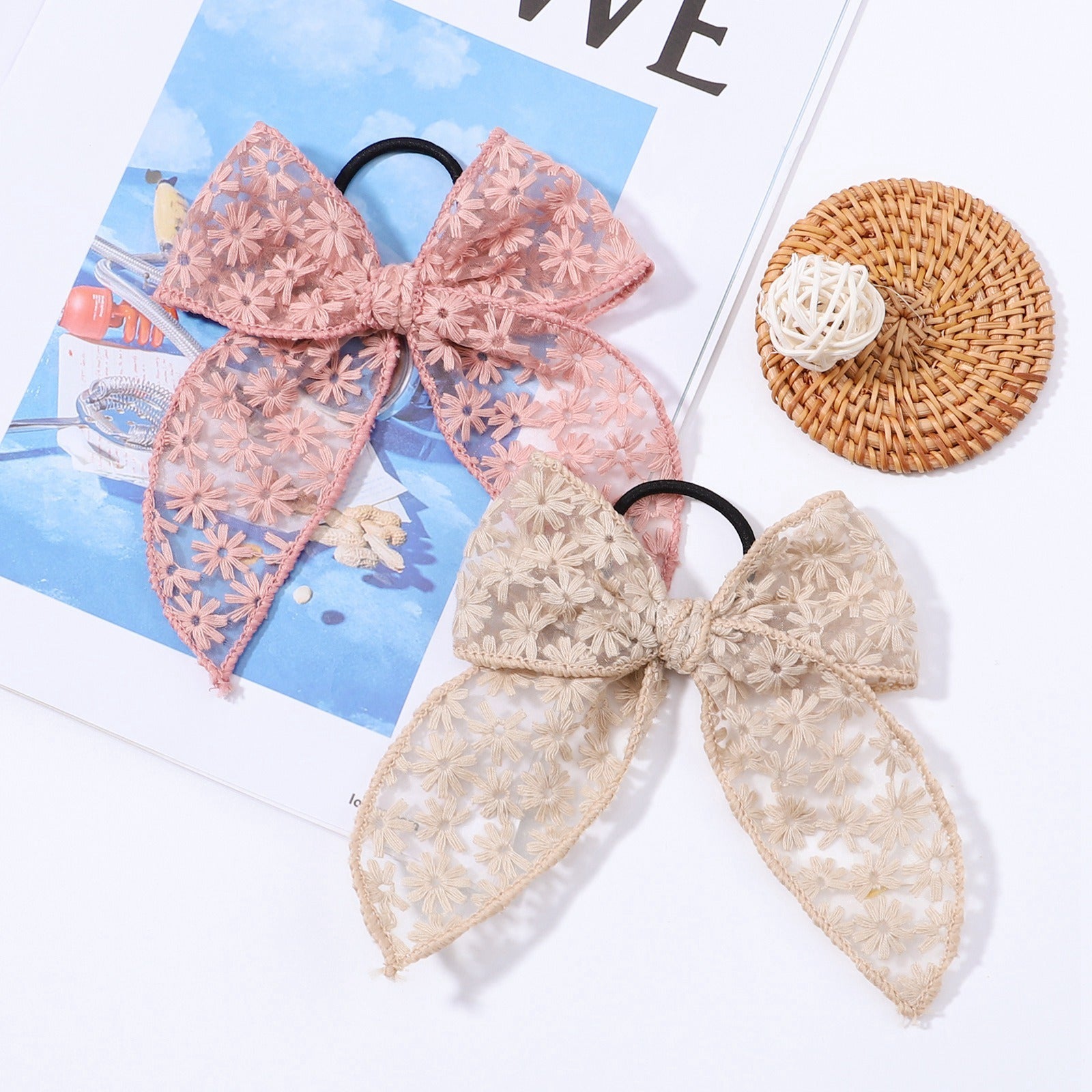 Embroidered Printed Bowknot Hair Ring Simple Lace Rubber Band Hair Rope Floral Dovetail Accessories