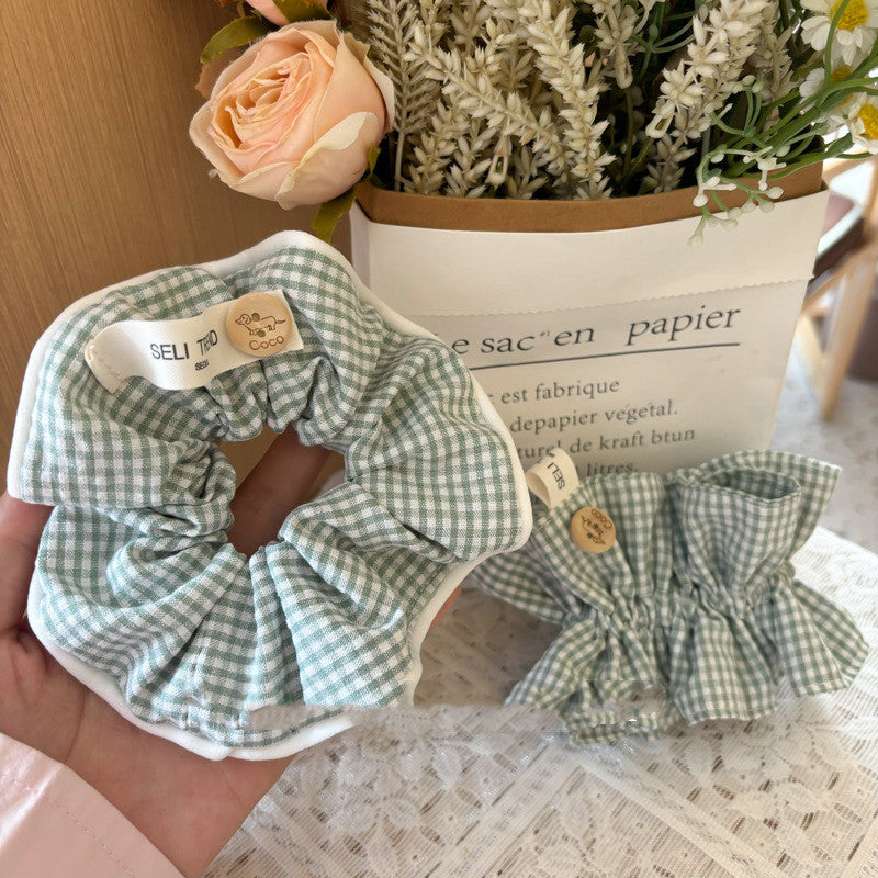 Green Plaid Classic Button Contrast Color Fabric Plaid Hand-made Large Intestine Hair Ring