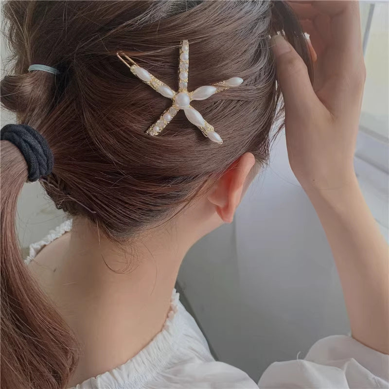 Ins Ornament South Korea Dongdaemun Hair Accessory Girl Starfish Inlaid Pearl Rhinestone Barrettes