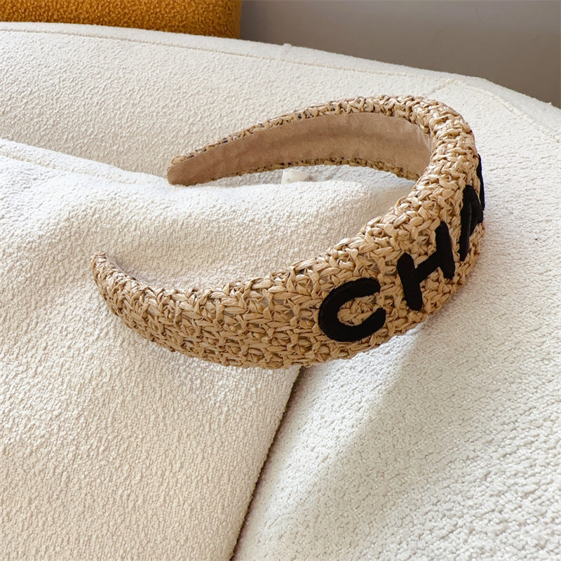 Korean Style Letter Raffia Headband Summer High Sense Hairpin With Broad Edge High Skull Top Headband Broken Hair Wash Face Hair Clip Women