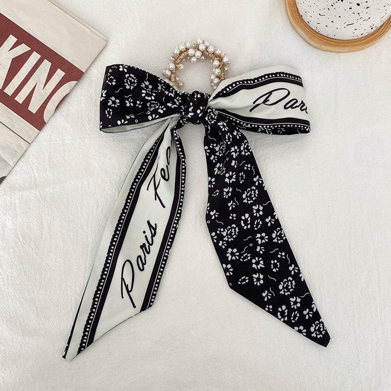 French Style Bow Pearl Scarf Large Intestine Hair Ring For Women