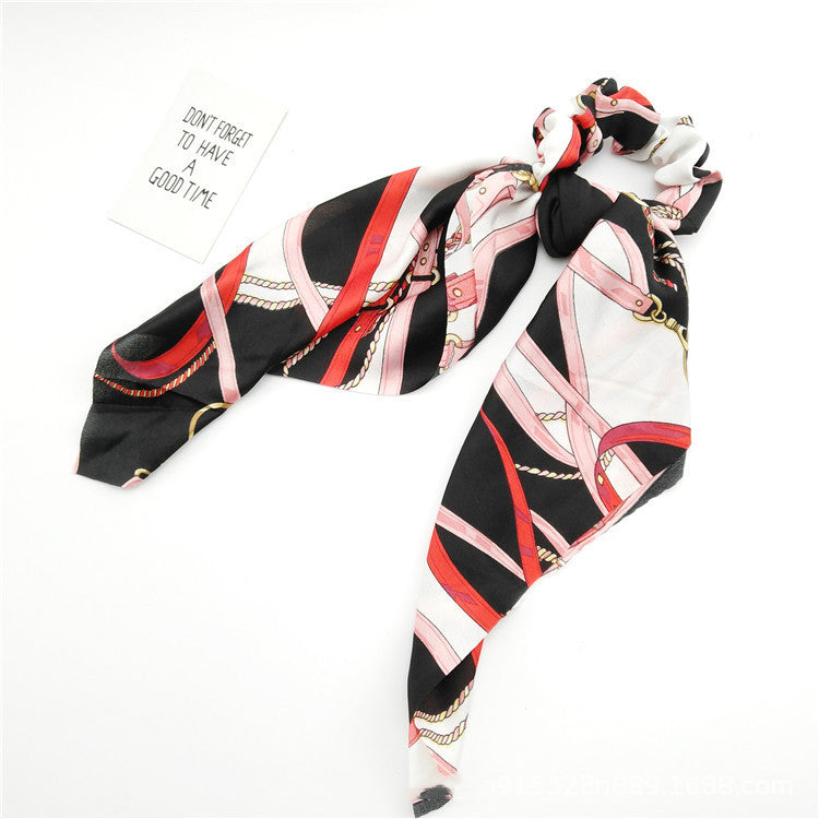 Retro Extra-long Silk Scarf Floating Ribbon Bow Hair Ring
