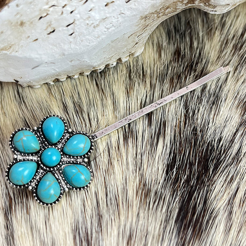 Retro Turquoise Alloy Flower Ethnic Style Western Hair Clip Word Clip