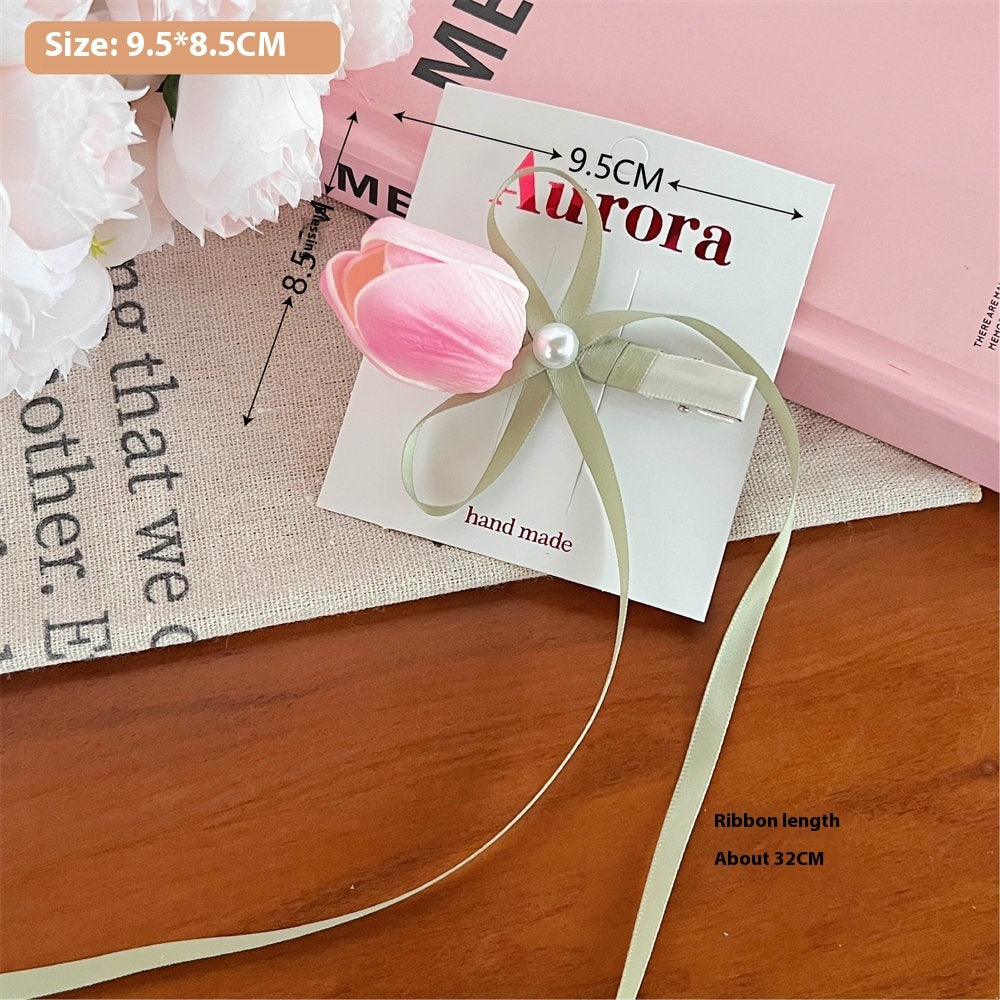 Three-dimensional Tulip Flower Barrettes Simple Ribbon