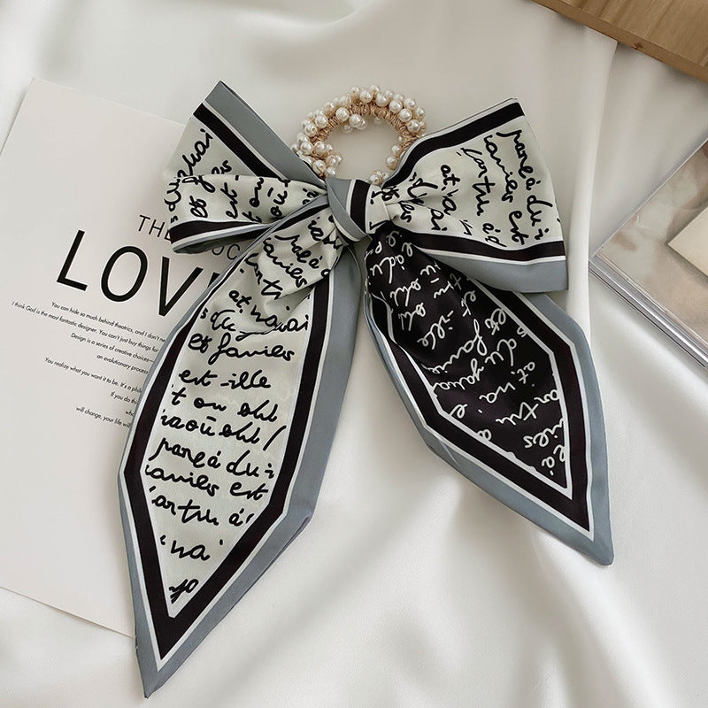 French Style Bow Pearl Scarf Large Intestine Hair Ring For Women