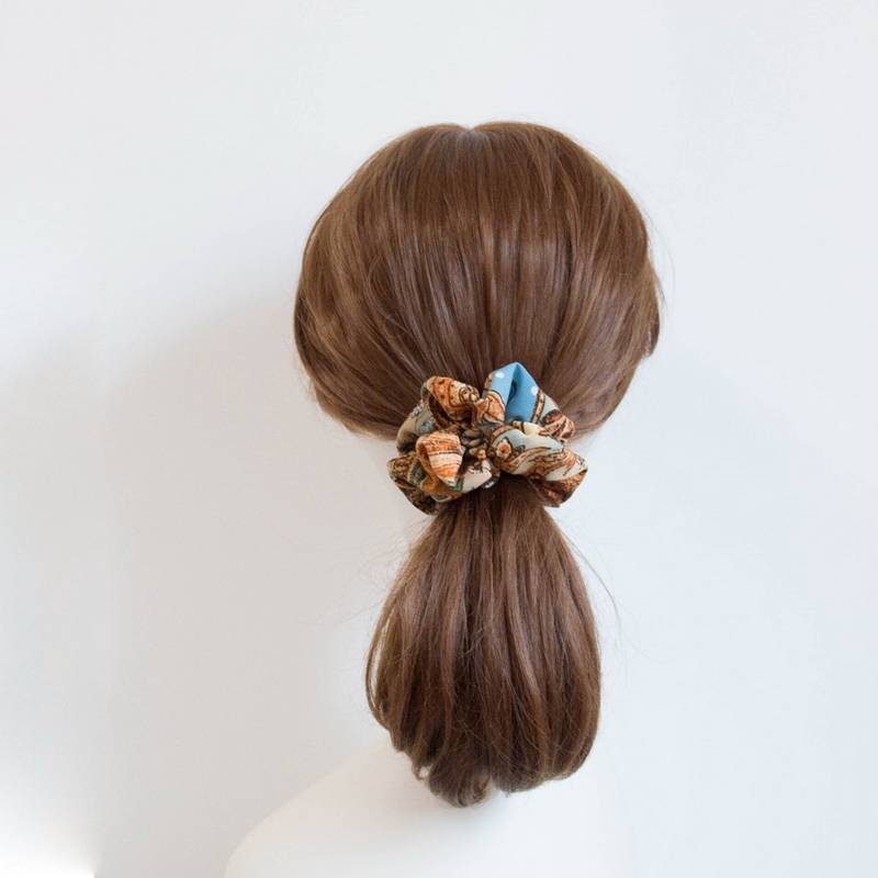 Retro cashew flower silk scarf printing blue hair ring