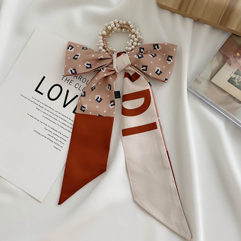 French Style Bow Pearl Scarf Large Intestine Hair Ring For Women