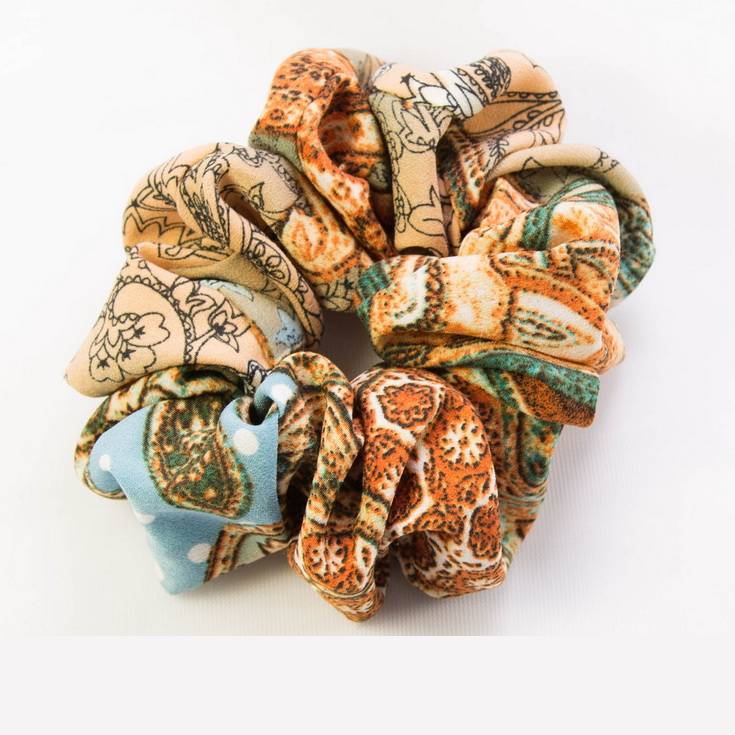 Retro cashew flower silk scarf printing blue hair ring