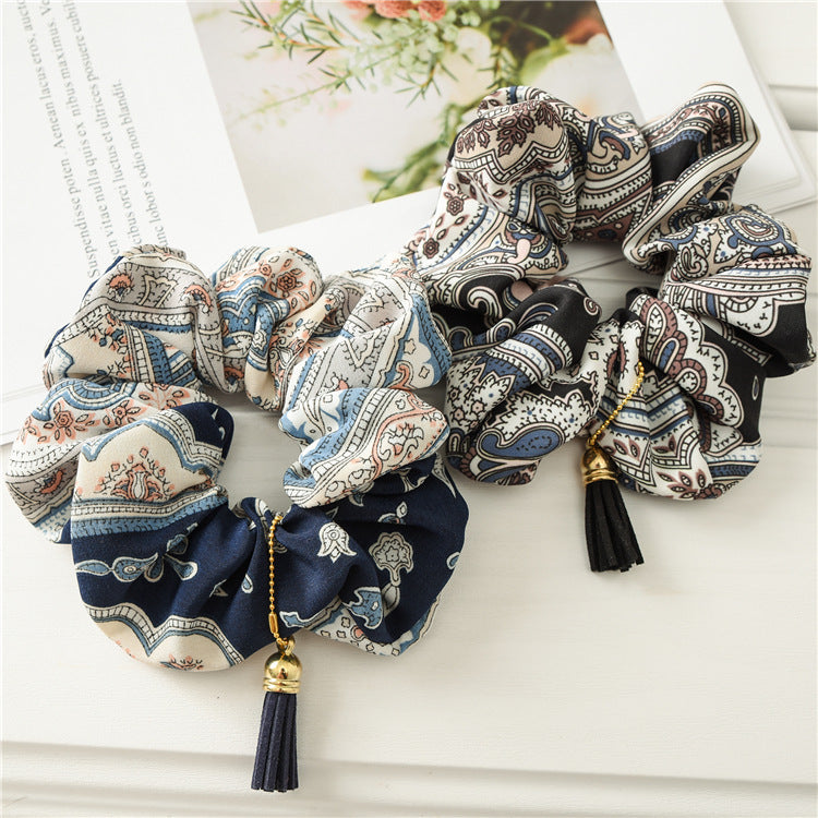 Retro Bohemian Ethnic Style Large Intestine Ring Fabric Hair Ring Tassel Pendant Elastic Elastic Band hair Rope