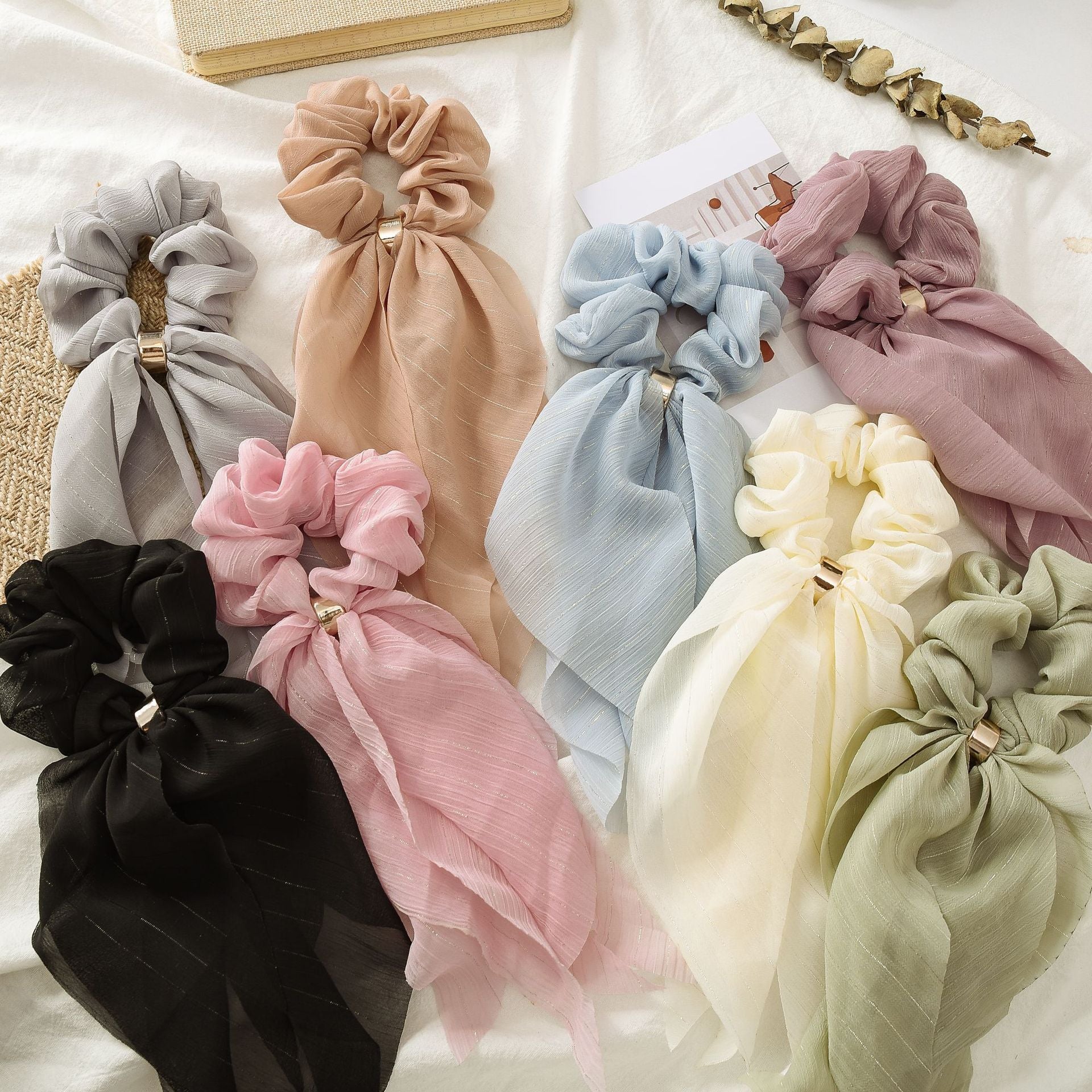 Streamer hair ring new double bow silver ribbon
