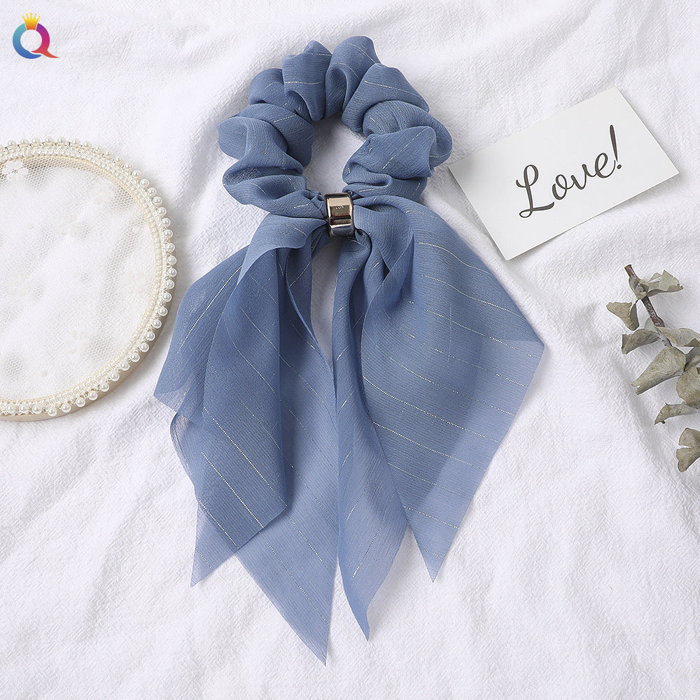 Streamer hair ring new double bow silver ribbon