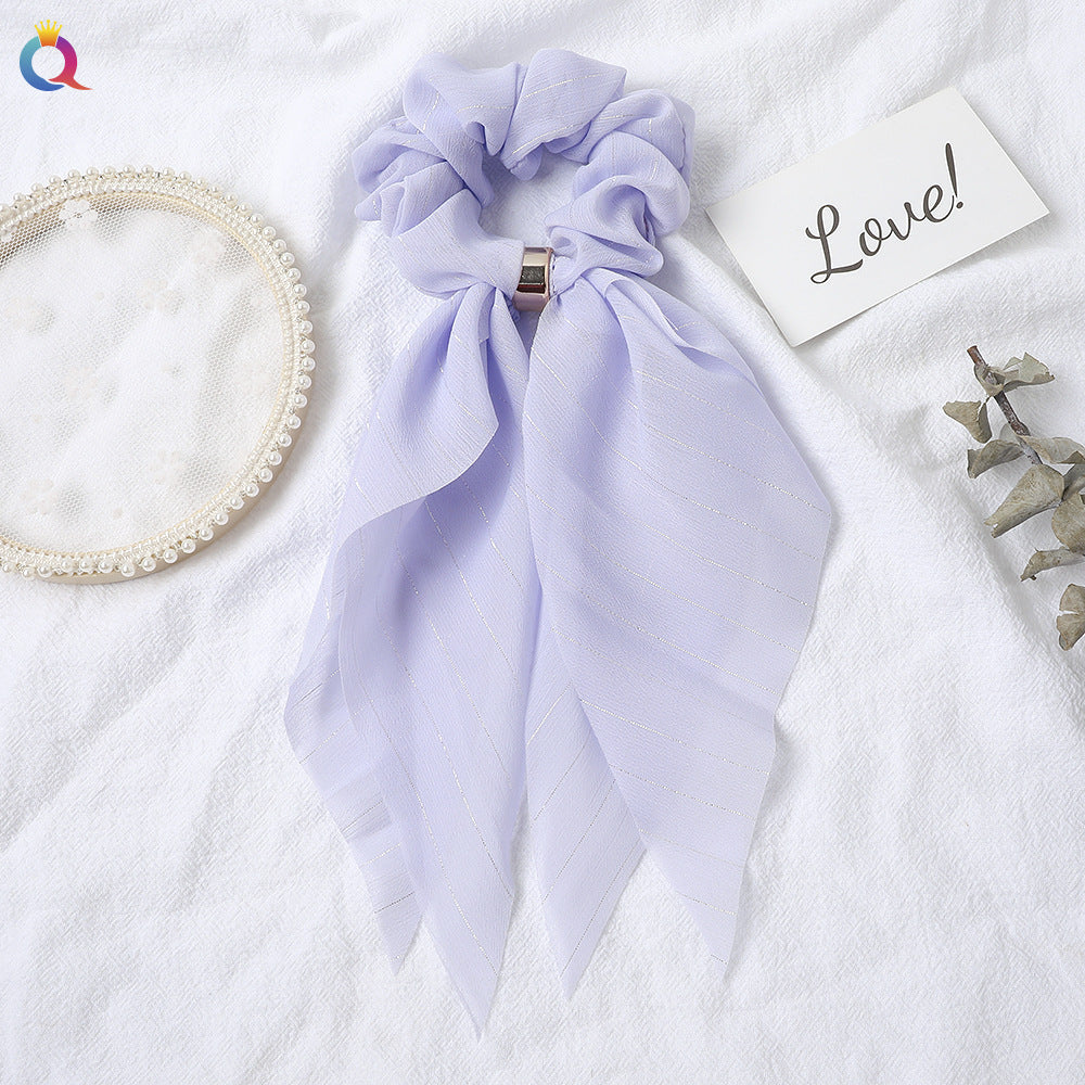 Streamer hair ring new double bow silver ribbon