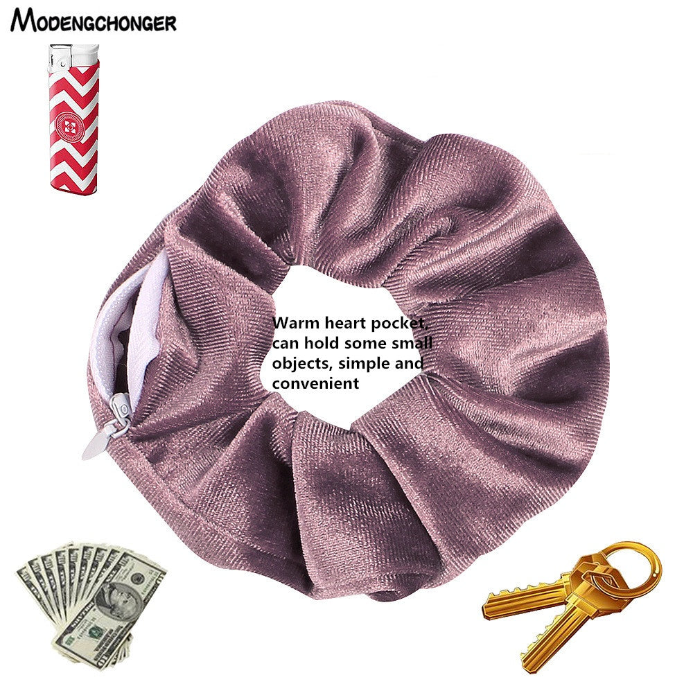 Fashion New Velvet Tencel Pocket wallet Hair Scrunchies Retro Zipper Large Intestine Elastic Hair Band