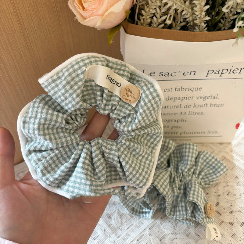 Green Plaid Classic Button Contrast Color Fabric Plaid Hand-made Large Intestine Hair Ring