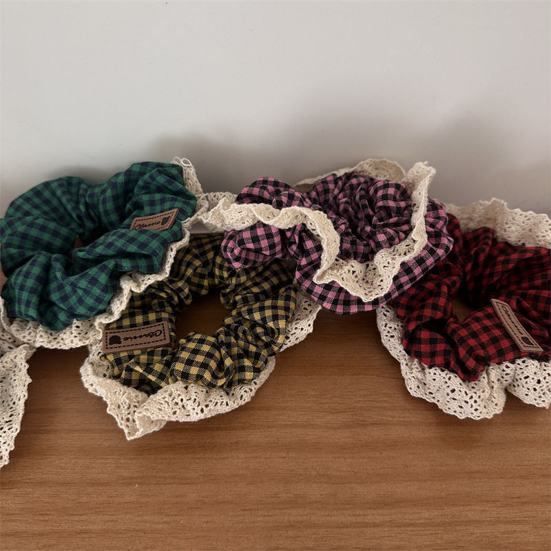Pastoral Style Plaid Large Intestine Hair Ring Cute Lace Edge Simple