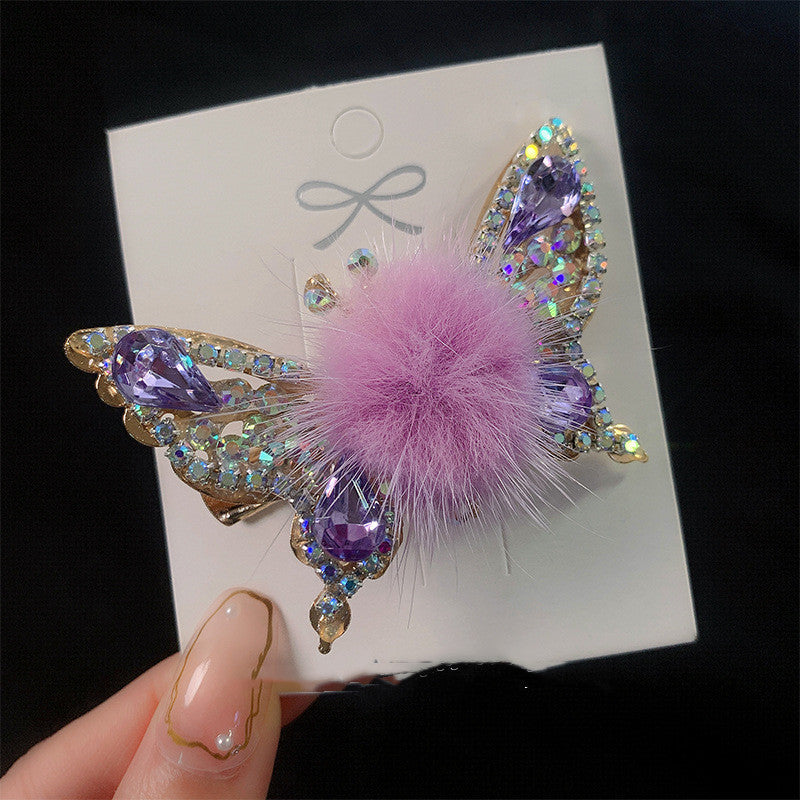 Women's Fashionable Mink Fur Moving Butterfly Hair Clip