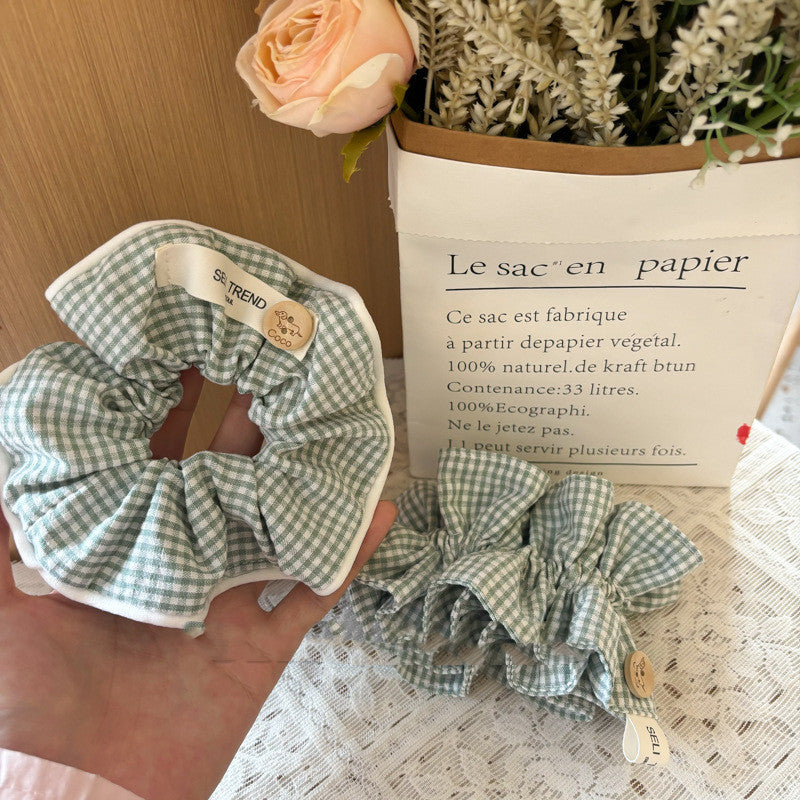 Green Plaid Classic Button Contrast Color Fabric Plaid Hand-made Large Intestine Hair Ring