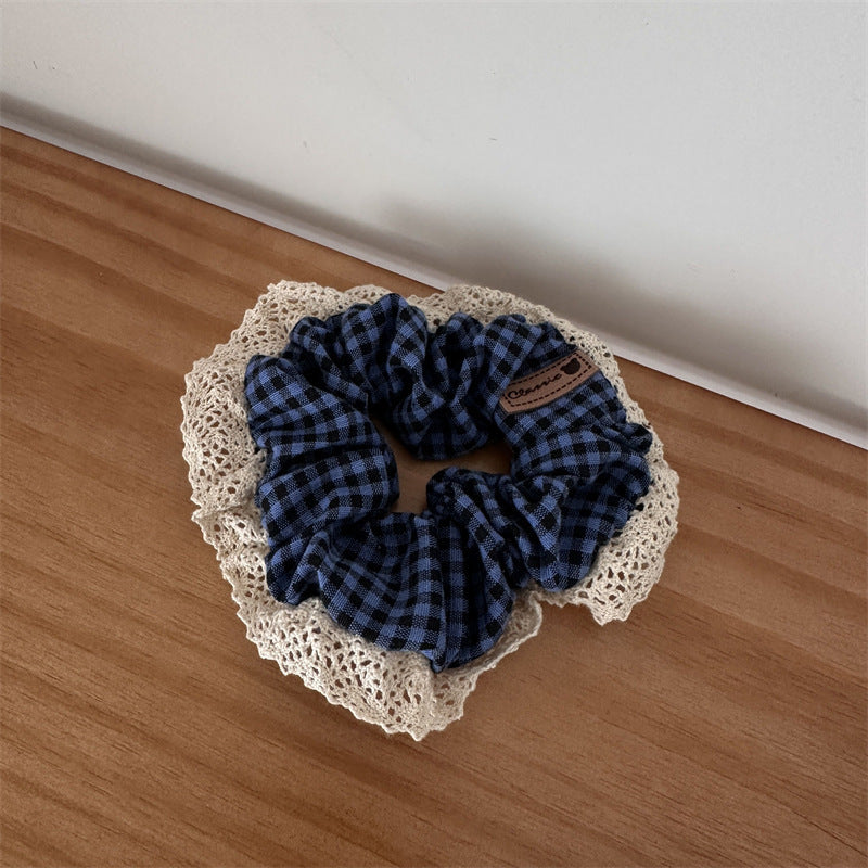 Pastoral Style Plaid Large Intestine Hair Ring Cute Lace Edge Simple