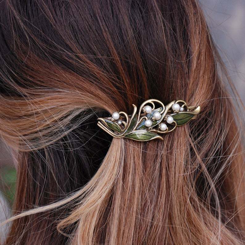 Women's Fashion Temperament Enamel Green Leaves Pearl Hollow Hair Clip
