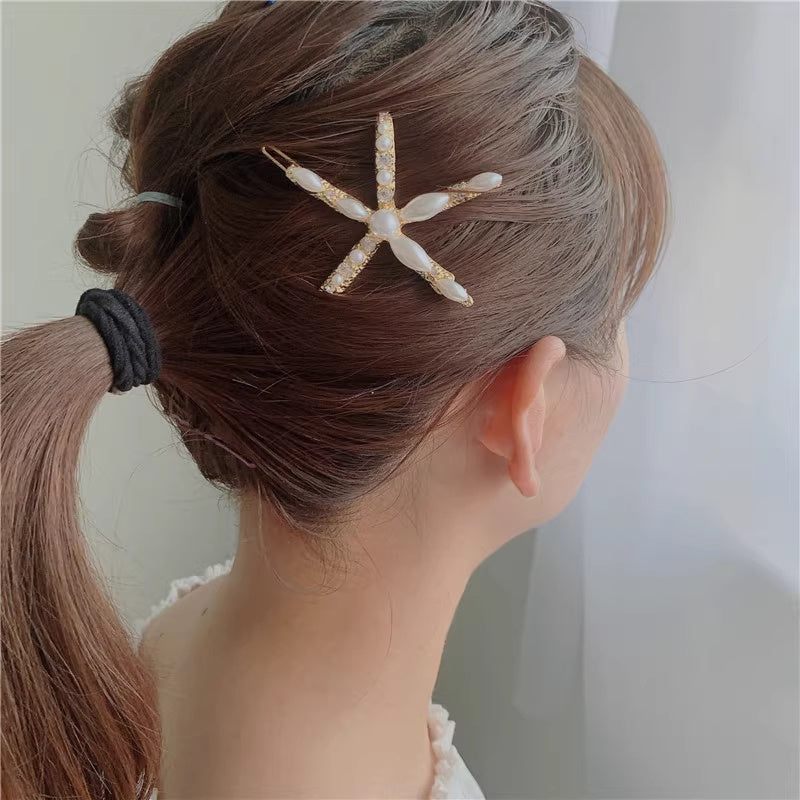 Ins Ornament South Korea Dongdaemun Hair Accessory Girl Starfish Inlaid Pearl Rhinestone Barrettes