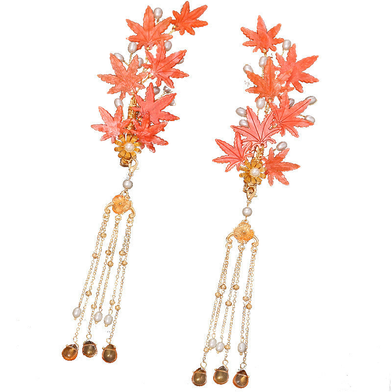 Antique Hanfu Hairpin Accessories Tassel Hair Accessories Side Clip Girl Maple Leaf Pair Step Shake