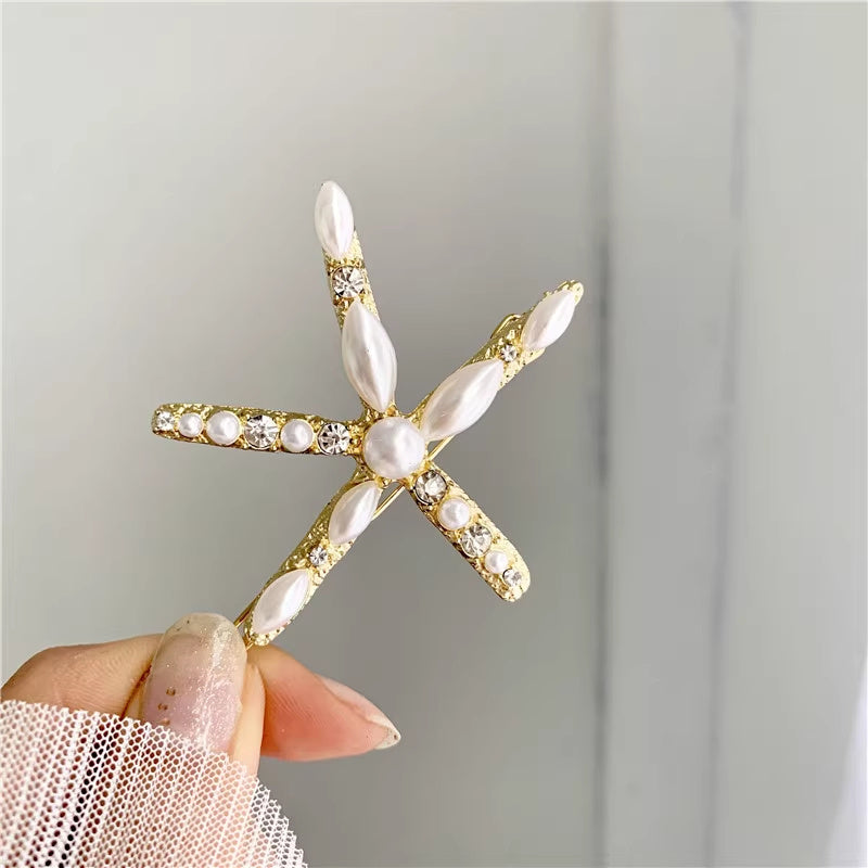 Ins Ornament South Korea Dongdaemun Hair Accessory Girl Starfish Inlaid Pearl Rhinestone Barrettes