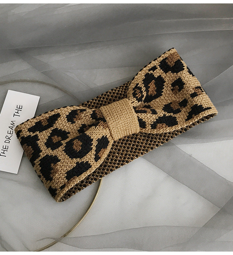 Retro Fashion Leopard Knit Headband With Wash Face Wide Side