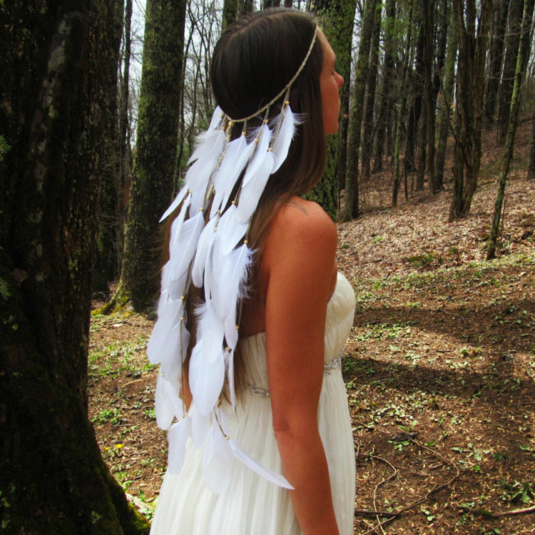 white featherhead Bohemia wedding bride's feather band hair belt