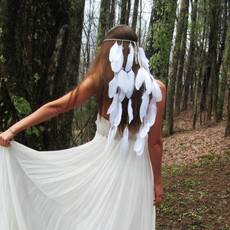 white featherhead Bohemia wedding bride's feather band hair belt