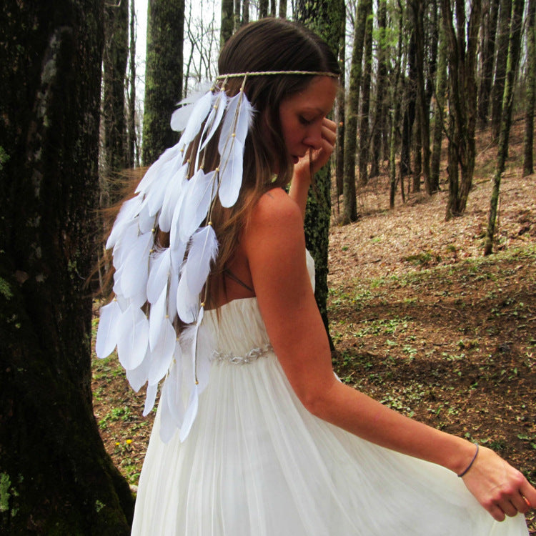 white featherhead Bohemia wedding bride's feather band hair belt