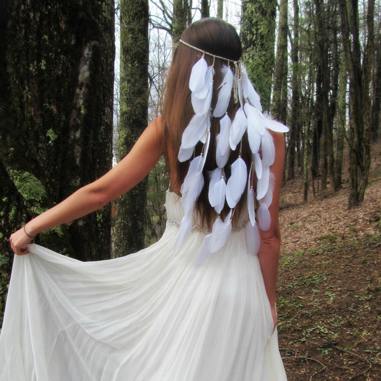white featherhead Bohemia wedding bride's feather band hair belt