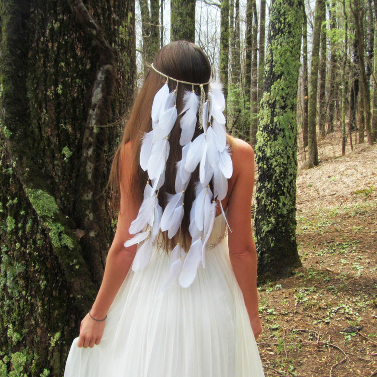 white featherhead Bohemia wedding bride's feather band hair belt