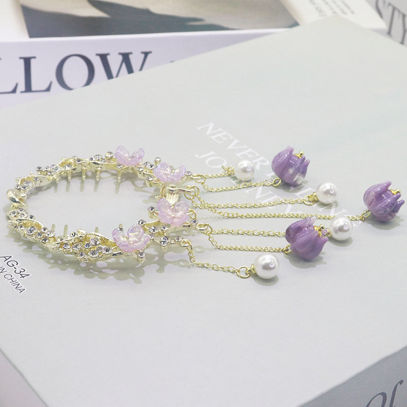 Early Spring New Light Luxury Amethyst Flower Fringe Hair Clip Back Head Spoon Pill Head Coiled Hair Ponytail Buckle Headdress