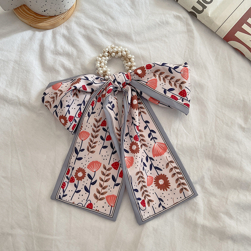 French Style Bow Pearl Scarf Large Intestine Hair Ring For Women
