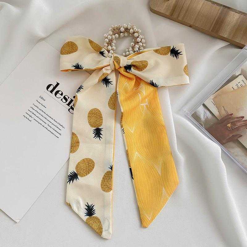 French Style Bow Pearl Scarf Large Intestine Hair Ring For Women