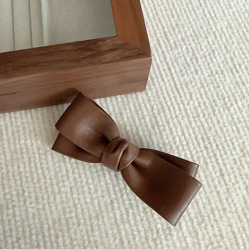 Gentle Coffee Color Series Textured Pu Bow Barrettes