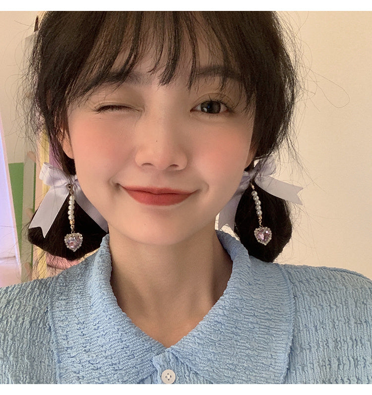 Double Bow Hair Pearl Pendant Pair Clip