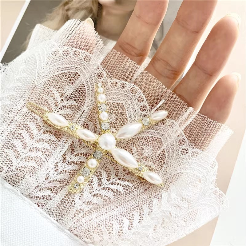 Ins Ornament South Korea Dongdaemun Hair Accessory Girl Starfish Inlaid Pearl Rhinestone Barrettes