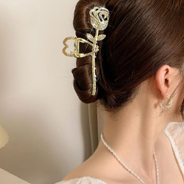 Large Metal Barrettes Gold Silver Love Rose Grip