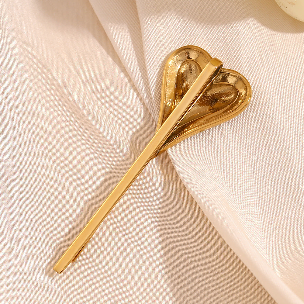 Stainless Steel Plated 18K Gold Vertical Heart Edge Diamond Hair Clip