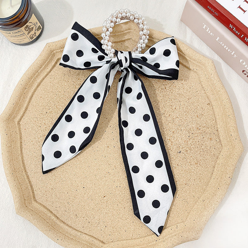French Style Bow Pearl Scarf Large Intestine Hair Ring For Women