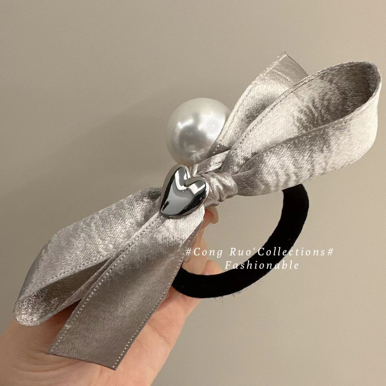 Silver Bowknot Hair Ring Love Pearl