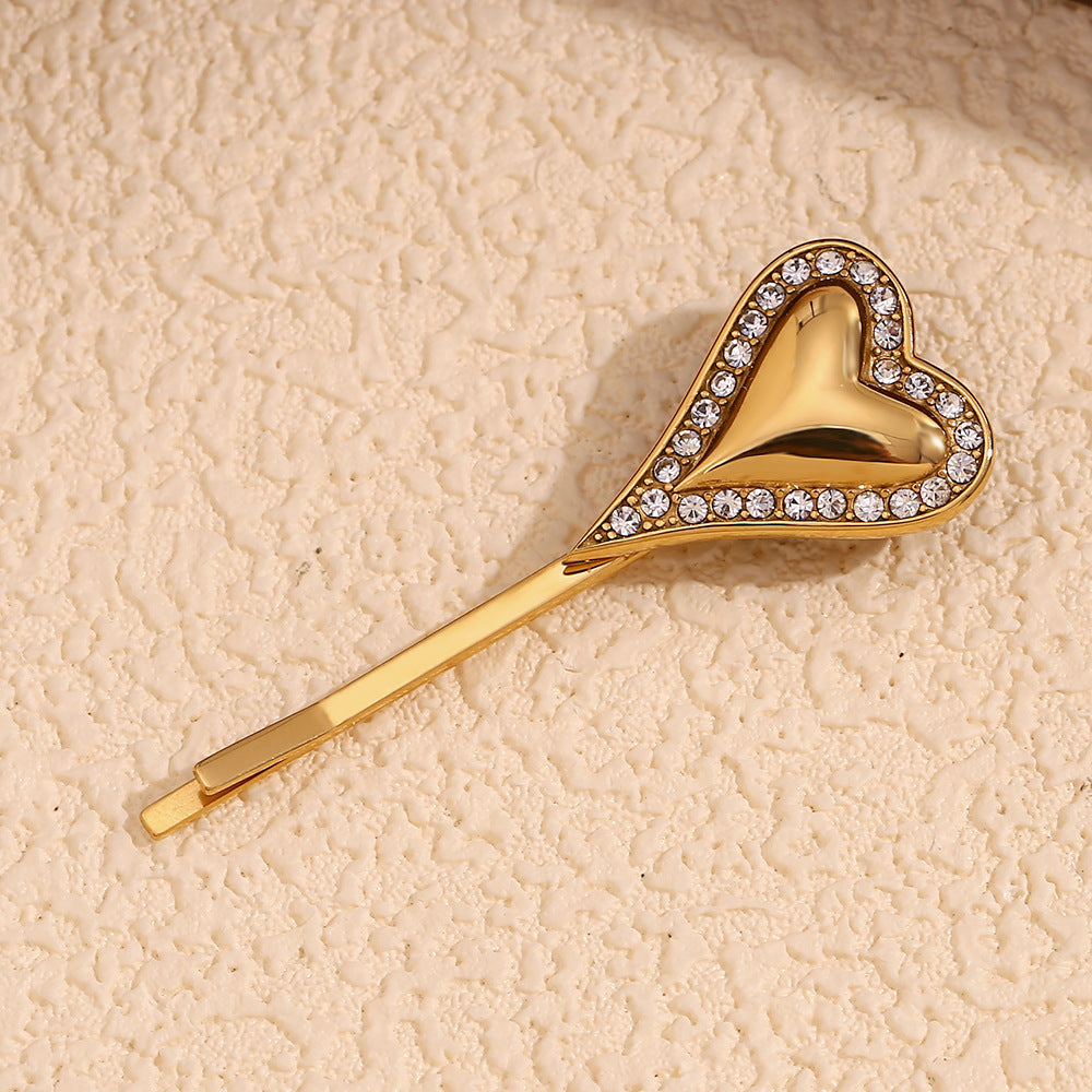 Stainless Steel Plated 18K Gold Vertical Heart Edge Diamond Hair Clip
