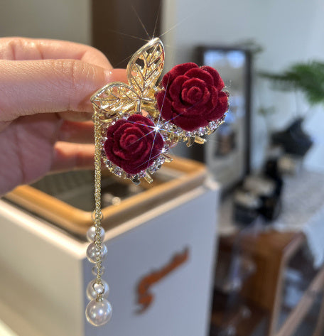 Red Rose Butterfly Tassel Barrettes Back Head Large Grip