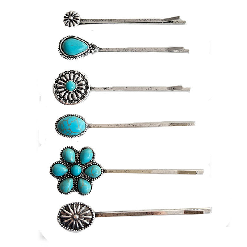Retro Turquoise Alloy Flower Ethnic Style Western Hair Clip Word Clip