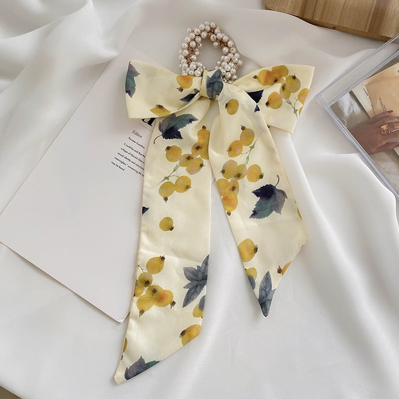 French Style Bow Pearl Scarf Large Intestine Hair Ring For Women