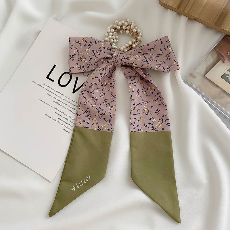 French Style Bow Pearl Scarf Large Intestine Hair Ring For Women