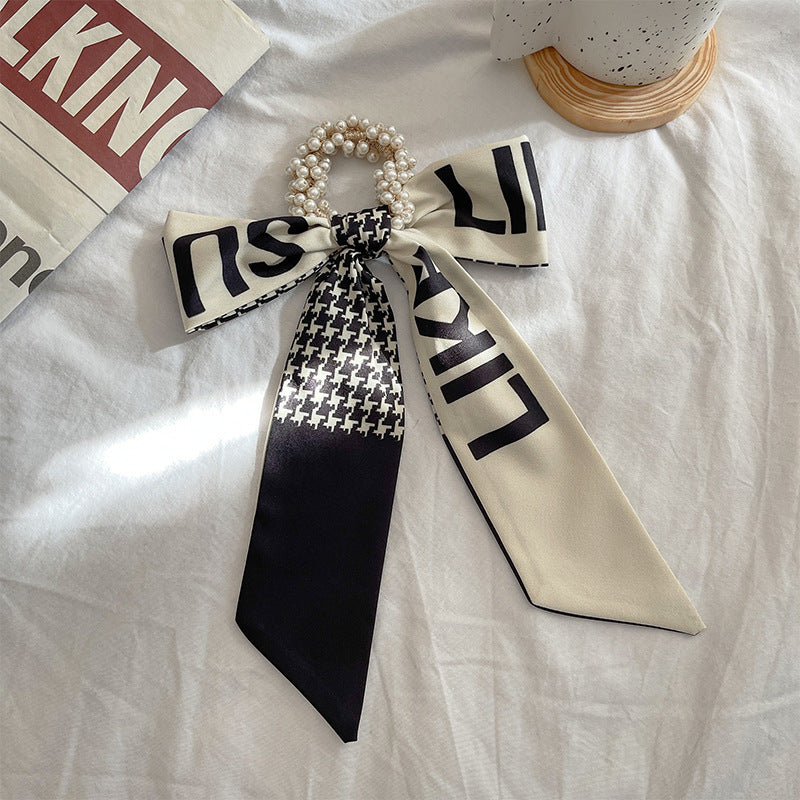 French Style Bow Pearl Scarf Large Intestine Hair Ring For Women