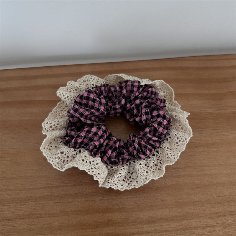 Pastoral Style Plaid Large Intestine Hair Ring Cute Lace Edge Simple