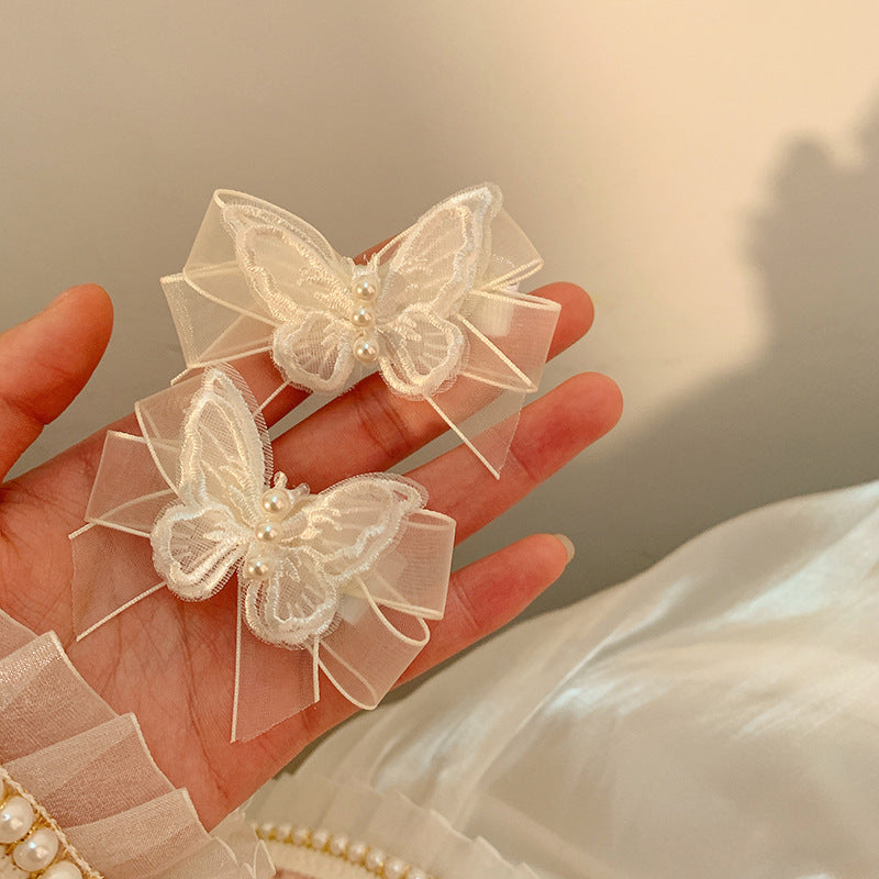 Super Fairy White Mesh Butterfly Pearl Barrettes